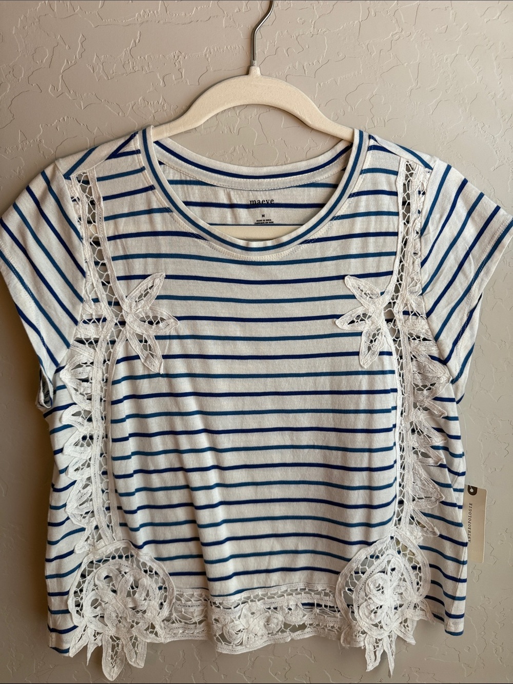 Maeve by Anthropologie White & Blue Striped Lace-Trim Cotton Tee